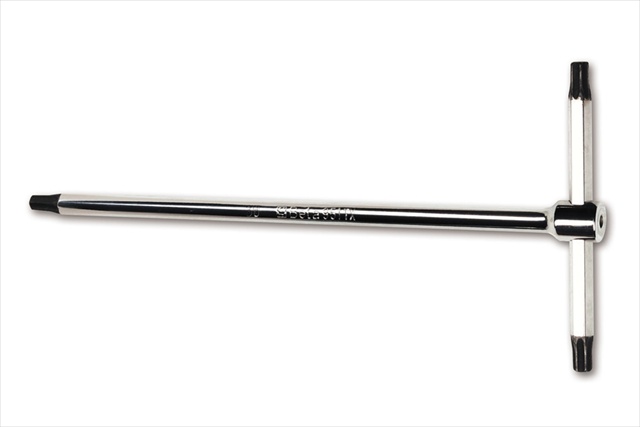 Silver metal T-handle wrench with a long shaft and two TX head screw bits at each end, designed for precision fastening.