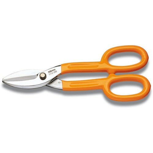 Straight tin snips with wide blades, featuring shiny metal cutting edges and ergonomic orange plastic handles for a comfortable grip.