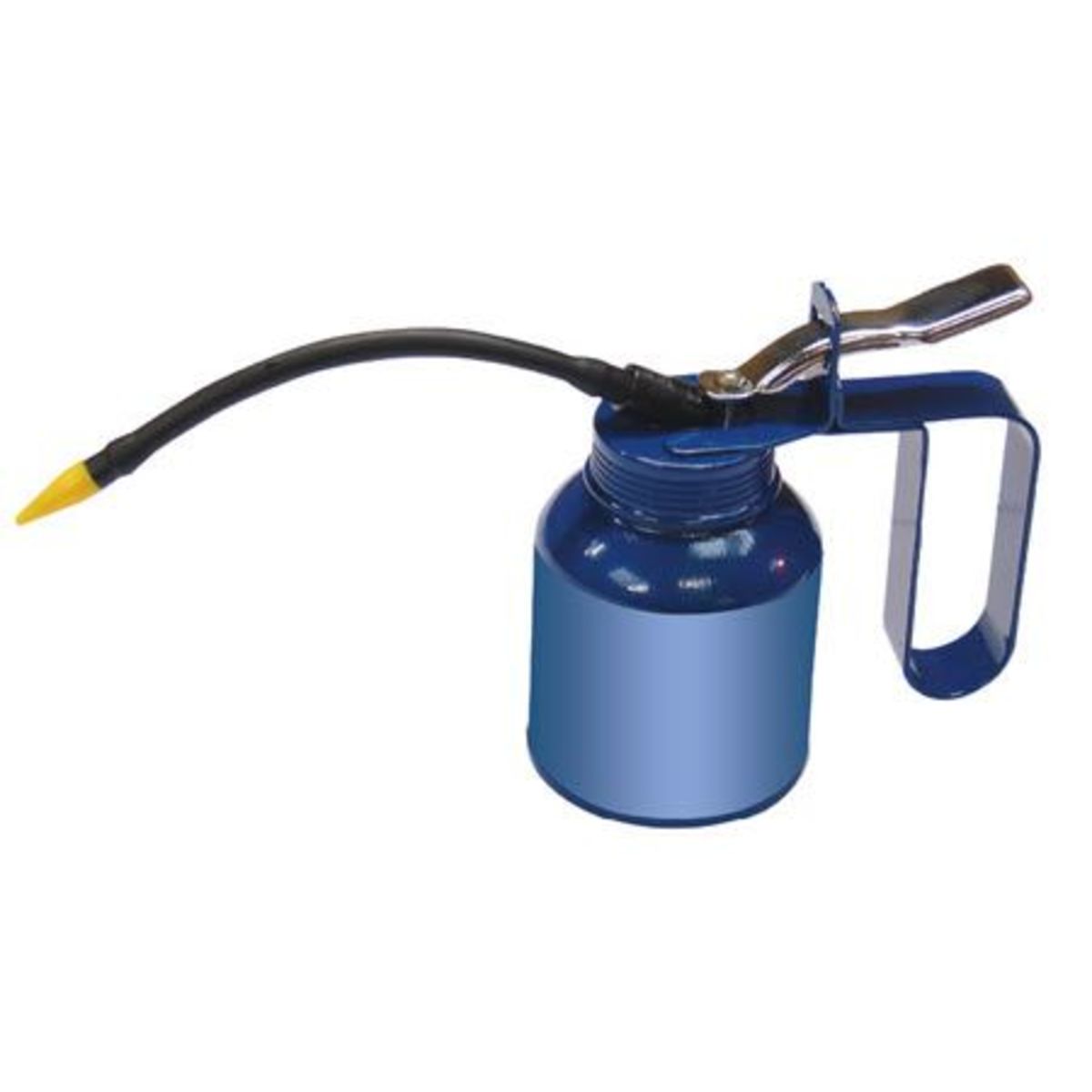 Blue metal 1/2 pint oil can with a long black flexible spout and a silver lever handle for easy dispensing.