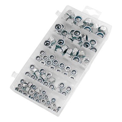 Nylon locknut assortment kit with 100 pieces in a transparent plastic case, featuring various sizes of chrome-plated nuts with blue nylon inserts for secure fastening.