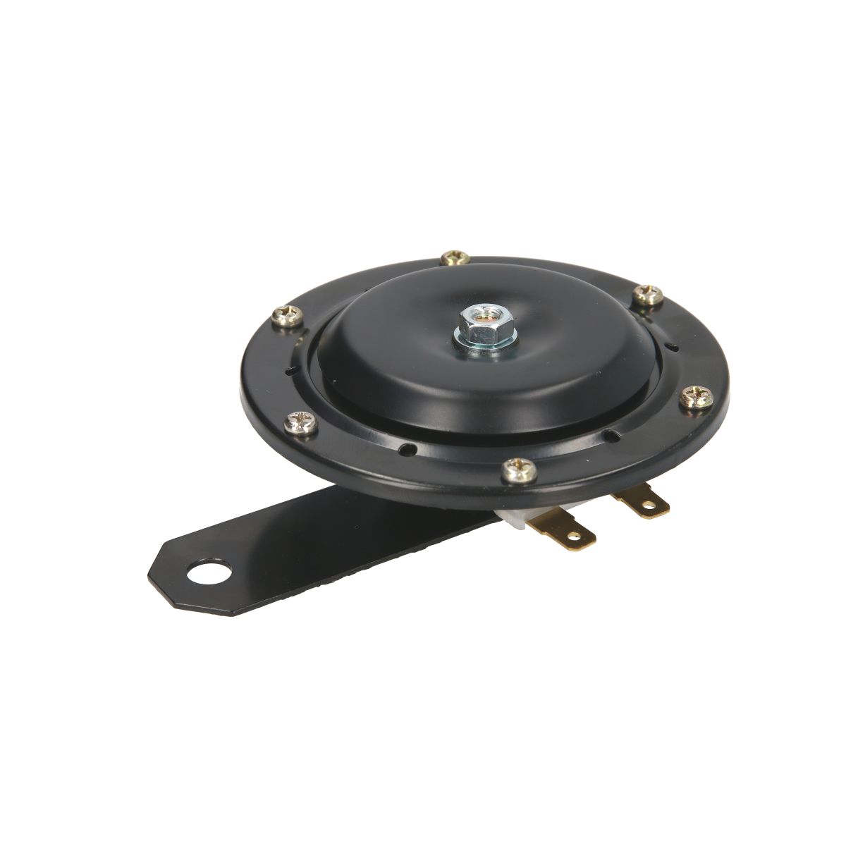 Black 12V universal bike horn with a round, metal body, secured by screws, and a mounting bracket for easy installation.