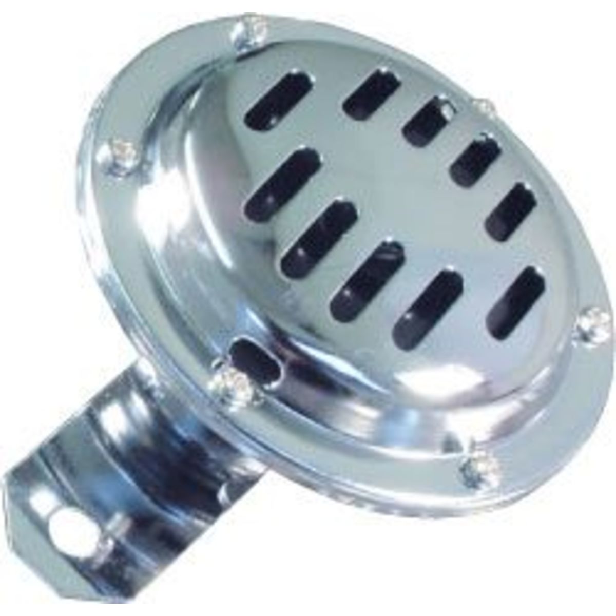 Chrome slitted horn with a circular design, featuring multiple horizontal slots and a metal mounting bracket, designed for 12V applications by Bike-It.