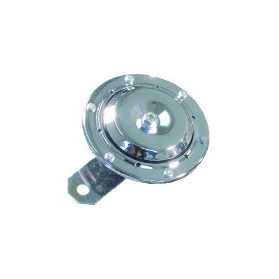 Chrome 12V universal bike horn with a round design, featuring a shiny metallic surface, a central button, and a mounting bracket for easy installation.