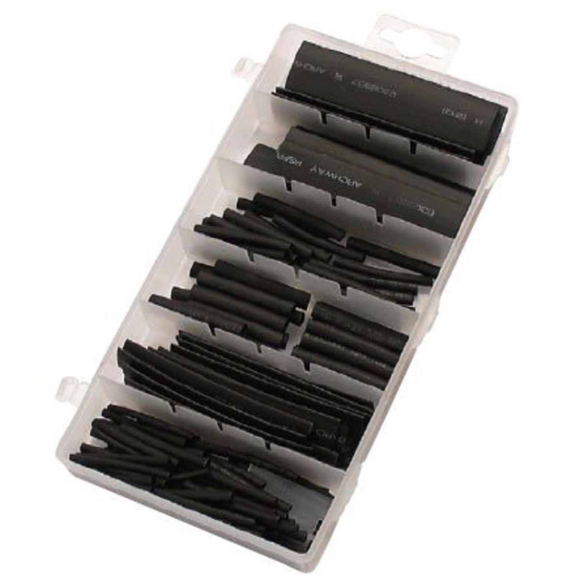 Black heat shrink tubing assortment kit in a clear plastic organizer, featuring various sizes and lengths for electrical insulation and protection, totaling 127 pieces.