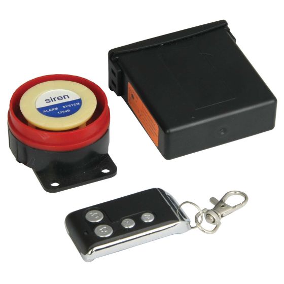 12V motorcycle alarm system featuring a red and black siren, a compact black control unit, and a remote key fob with three buttons for activation.
