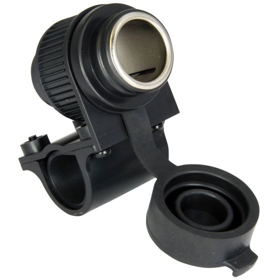 Black plastic 12V power supply kit with a cigarette socket, featuring a sturdy mounting bracket and a protective cap for the socket.