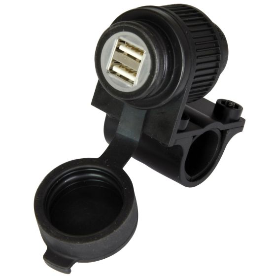 Black plastic 12V power supply kit featuring a USB socket, with a protective cap and a mounting bracket for easy installation on bikes.