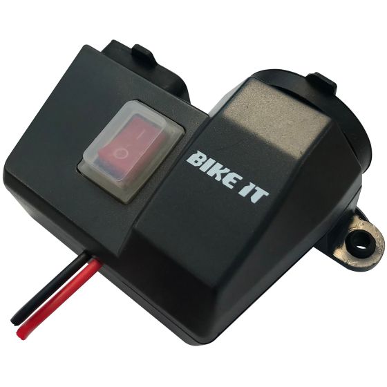 Black plastic power supply unit featuring two USB ports and one cigar socket, with a red and black wire, and a transparent switch cover labeled "BIKE IT."