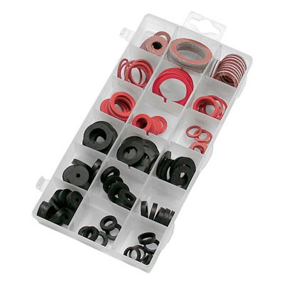Rubber sealing washer assortment kit with 141 pieces in a clear plastic organizer, featuring various sizes and shapes in black and red rubber.
