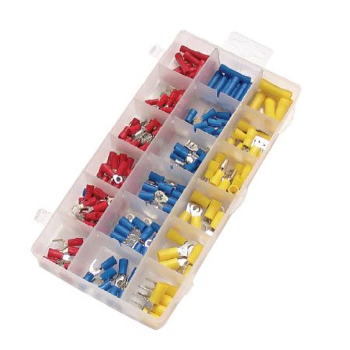 Clear plastic storage box containing 180 assorted spade terminals in red, blue, yellow, and metal, organized in labeled compartments for easy access.