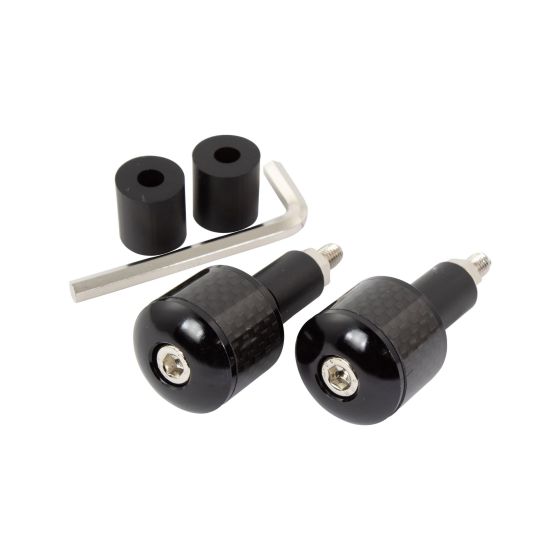Black handlebar bar ends with carbon fibre inserts, featuring a glossy finish, two black rubber spacers, and an included hex key for installation.