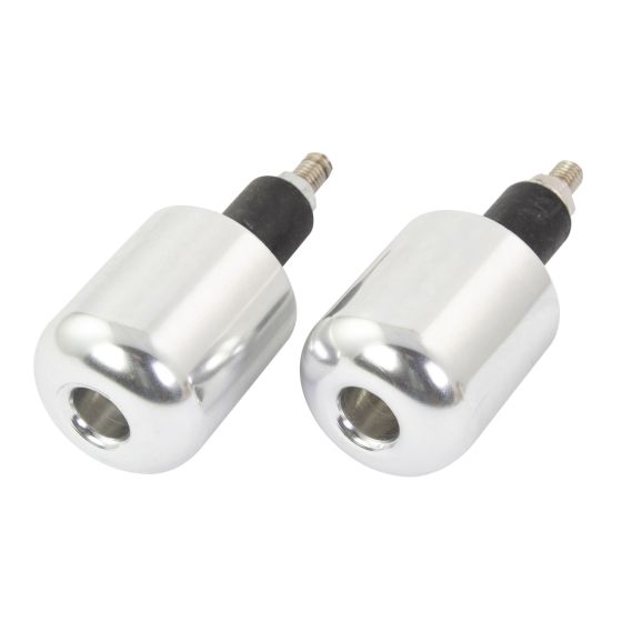 Chrome handlebar bar end weights with a shiny metallic finish, featuring a cylindrical shape and rubber insert for secure fitting, designed for 18 mm handlebars.