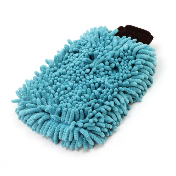 A turquoise 2-in-1 wash mitt featuring long-pile chenille on one side and a sponge on the other, designed for cleaning bikes, with a black fabric handle.
