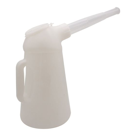 White plastic fuel jug with a 3-liter capacity, featuring a flexible spout and a secure lid, designed for easy pouring and handling.