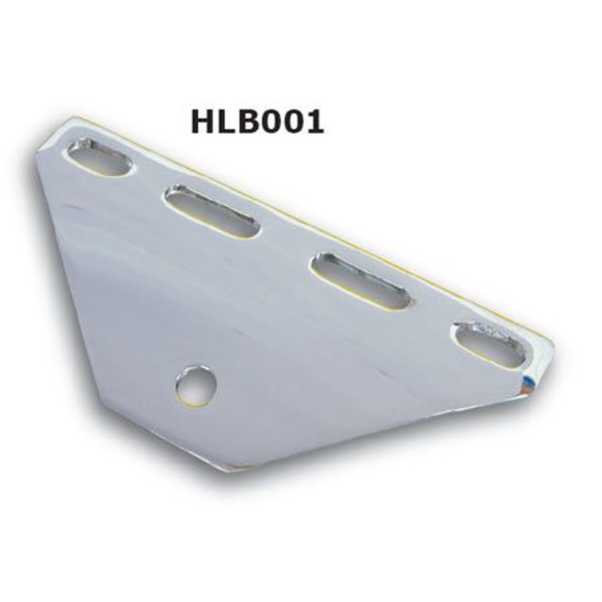 Chrome-finished, triangular metal bracket with four mounting holes and a central hole, designed for securely attaching a headlight to a bike.