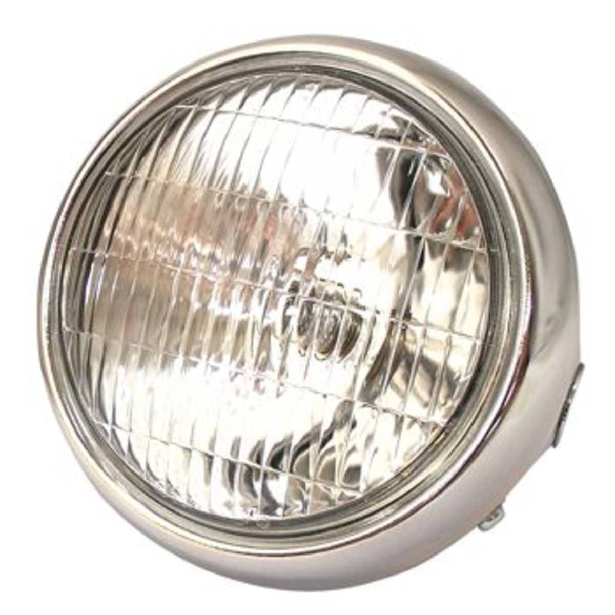 Round chrome headlight with a 5-inch diameter, featuring a clear glass lens and a ribbed reflector, designed for 12V 35W use, ideal for motorcycle applications.