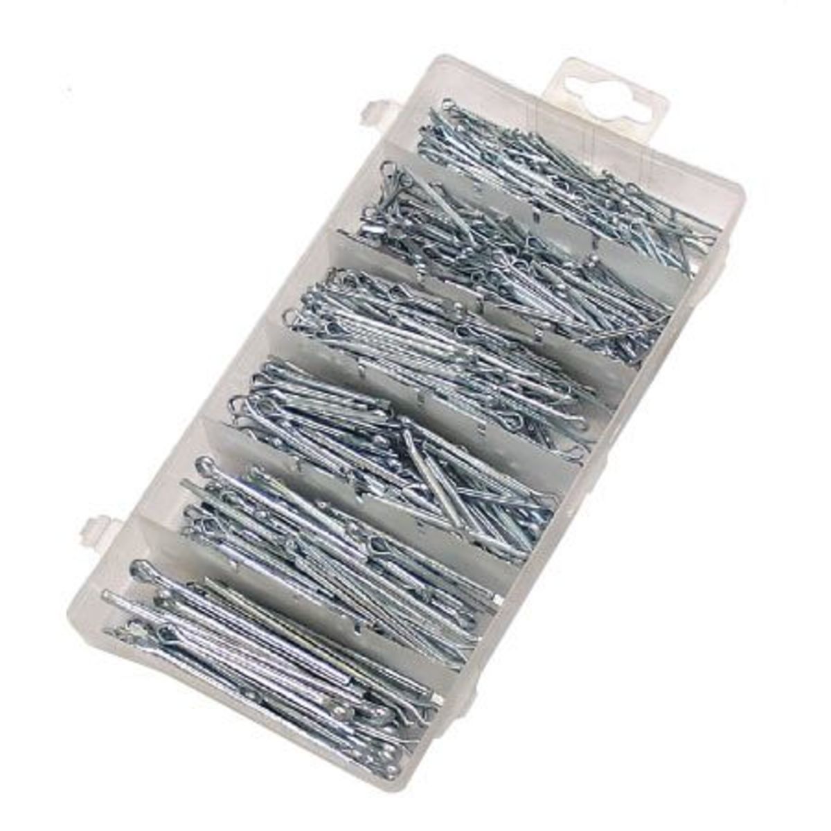 BikeTek Cotter Pin Assortment Kit featuring 500 shiny metal cotter pins neatly organized in a transparent plastic storage case with multiple compartments.