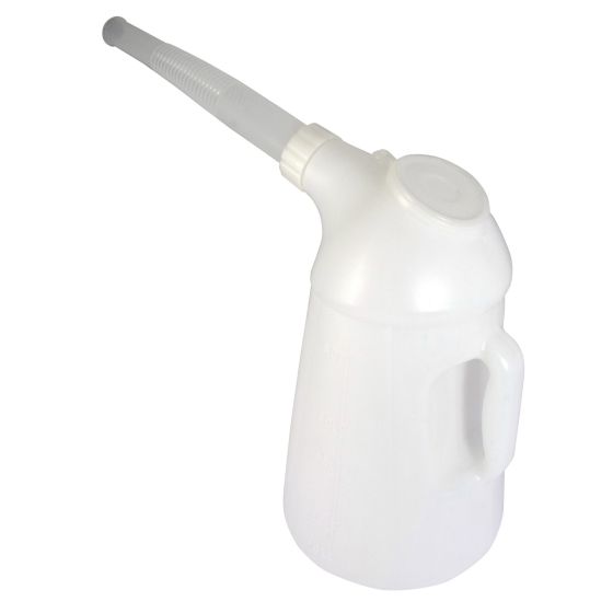 White plastic fuel jug with a flexible spout, a sturdy handle, and a secure lid, designed for easy pouring, holds up to 5 liters, ideal for fueling bikes.