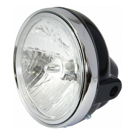 Black 7-inch round headlight with a chrome bezel, featuring a clear glass lens and a sturdy mounting bracket for easy installation on bikes.