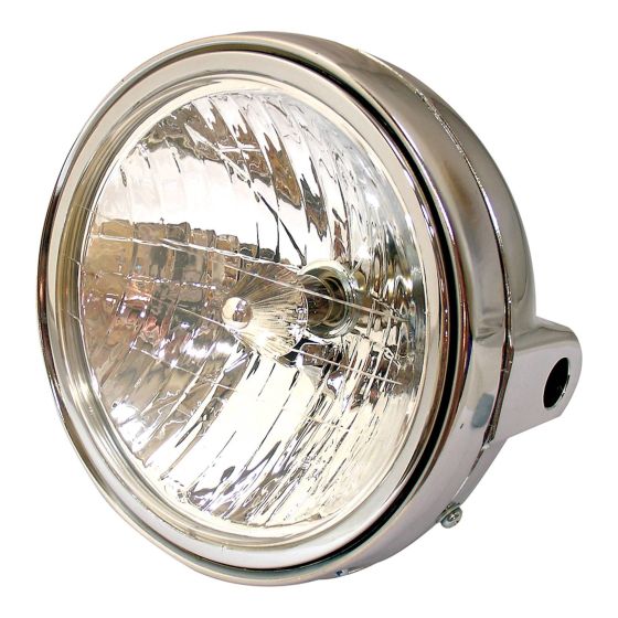 Universal 7-inch round motorcycle headlight with a chrome shell, diamond eye lens, and a clear glass front, designed for 12V 35W use.