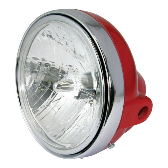 Round 12V 35W headlight with a diamond eye lens, featuring a shiny chrome rim and a vibrant red plastic housing.