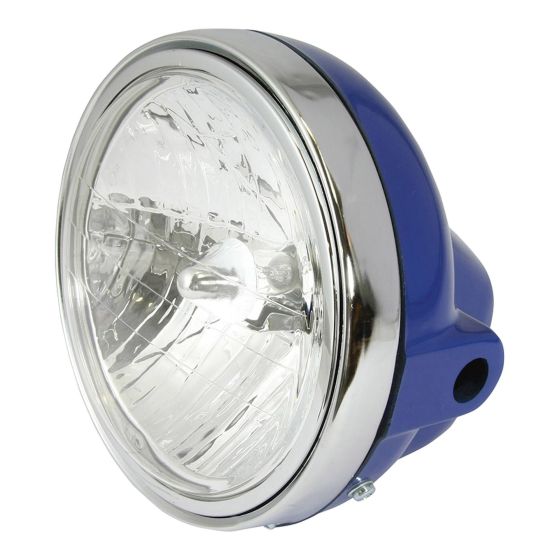 Round 7" headlight in blue with a chrome rim, featuring a diamond eye lens and a 12V 35W power specification, designed for universal bike compatibility.
