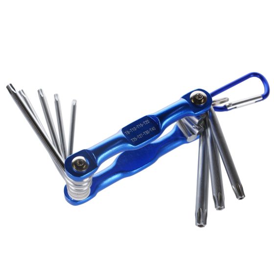 Blue aluminum multi-tool featuring eight Torx keys (T9, T10, T15, T20, T25, T27, T30, T40) with a carabiner attachment for easy portability.