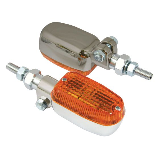 Adjustable bike stem indicators featuring a shiny alloy body and amber lens, showcasing a sleek design with a hex nut attachment for easy installation.