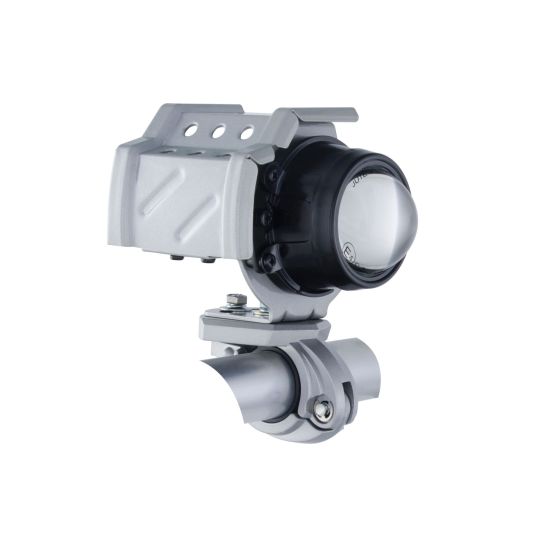 Universal touring projector headlight with a black lens, silver metal bracket, and adjustable mount for right side installation, designed for 12V 35W use.