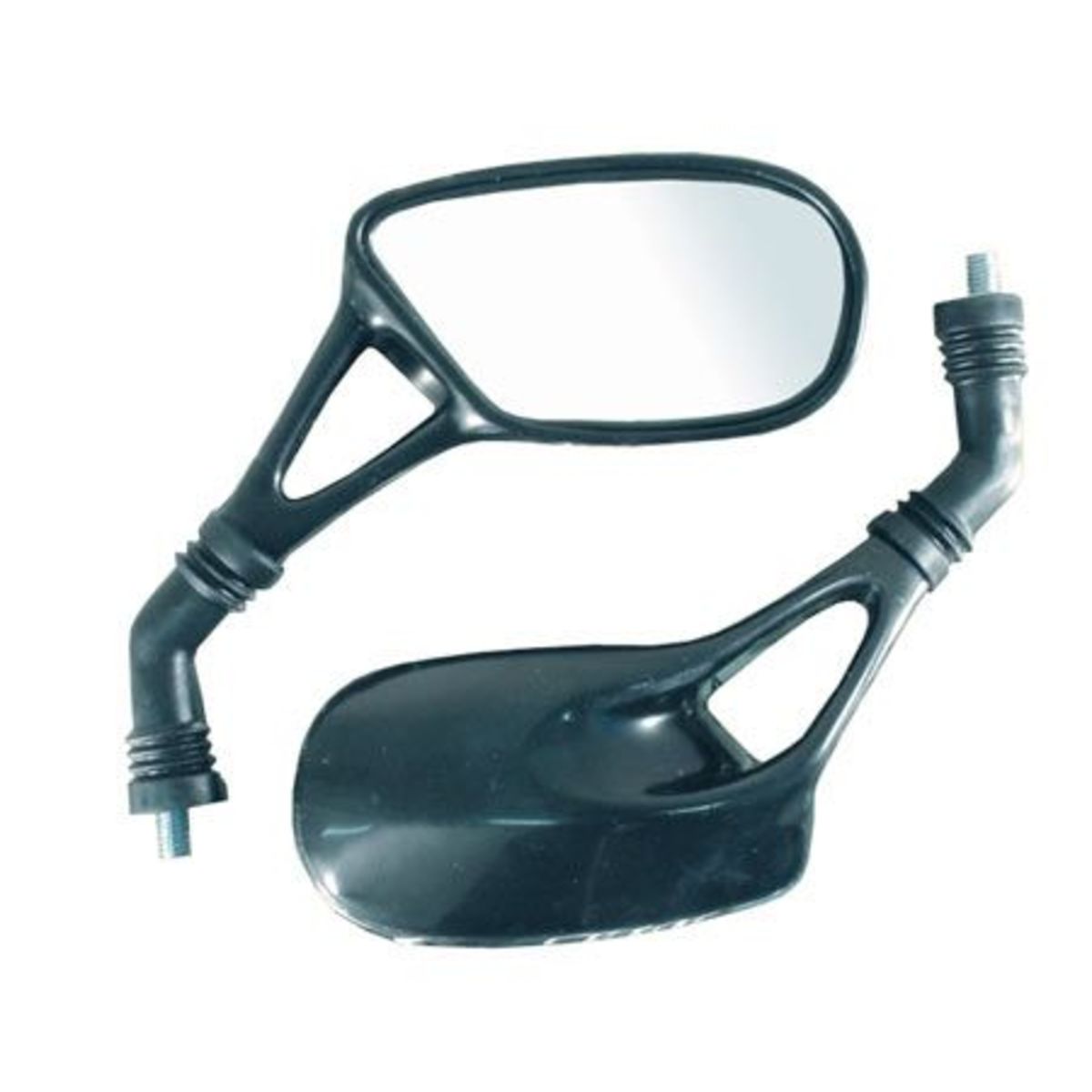 Black plastic motorcycle mirrors with a sleek design, featuring an 8mm threaded mount and a reflective surface, ideal for universal fit on various bike models.