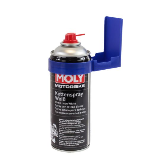 Black aerosol can with a silver top, featuring a red nozzle and a blue plastic splash guard holder, labeled "MOLY MOTORBIKE Kettenspray Weiß" for chain lubrication.