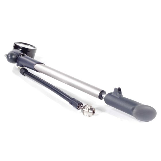 Silver and black shock pump with a universal head, featuring a pressure gauge, a sturdy handle, and a flexible hose, designed for inflating bike shocks up to 300 PSI.