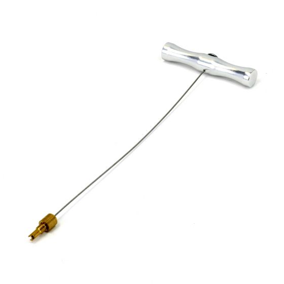 Silver metal tyre valve puller with a T-shaped handle and a flexible wire attached to a gold-colored valve tip, designed for easy valve removal.