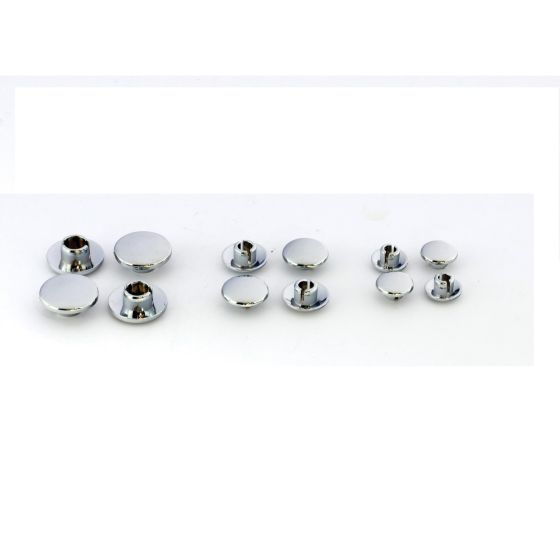 Chrome-effect Allen bolt caps in a pack of 12, featuring a smooth, shiny surface with varying sizes for M8 bolts, ideal for enhancing bike aesthetics.