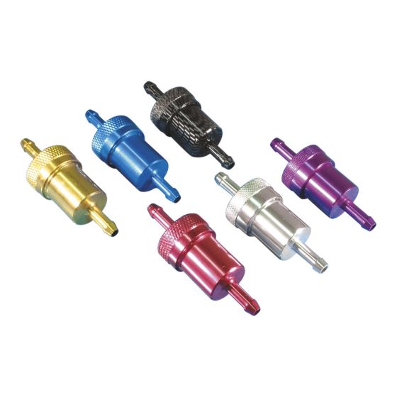 Anodised blue motorcycle fuel filter by Bike-It, featuring a cylindrical design with textured grip, alongside filters in gold, black, silver, purple, and red.