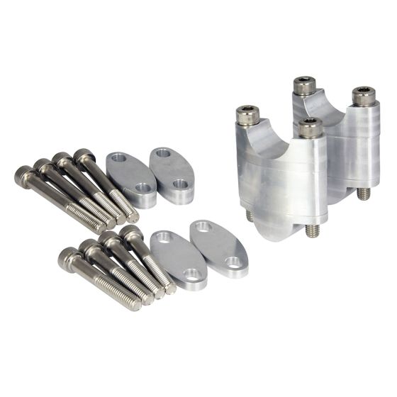Aluminium CNC multi-stage handlebar riser kit in silver, featuring two risers and multiple silver bolts and spacers for adjustable height and stability.