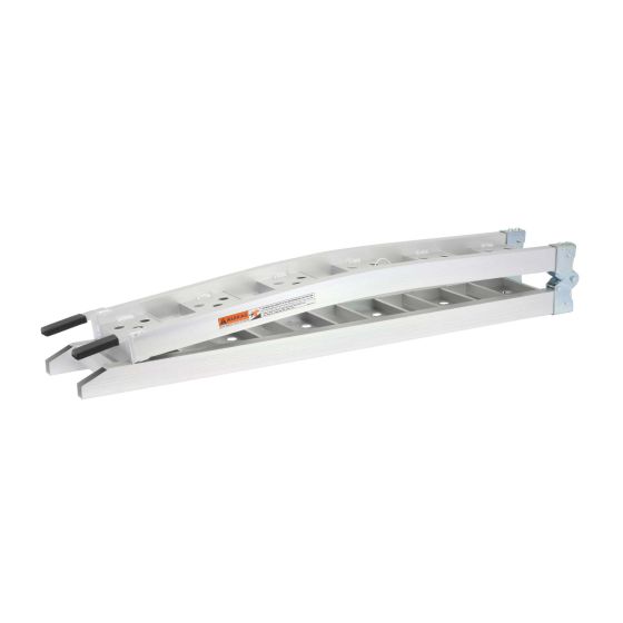 Tri-fold loading ramp made of silver aluminum, measuring 19254 mm x 230 mm, featuring a sturdy design with grip handles and a lightweight construction for easy transport.