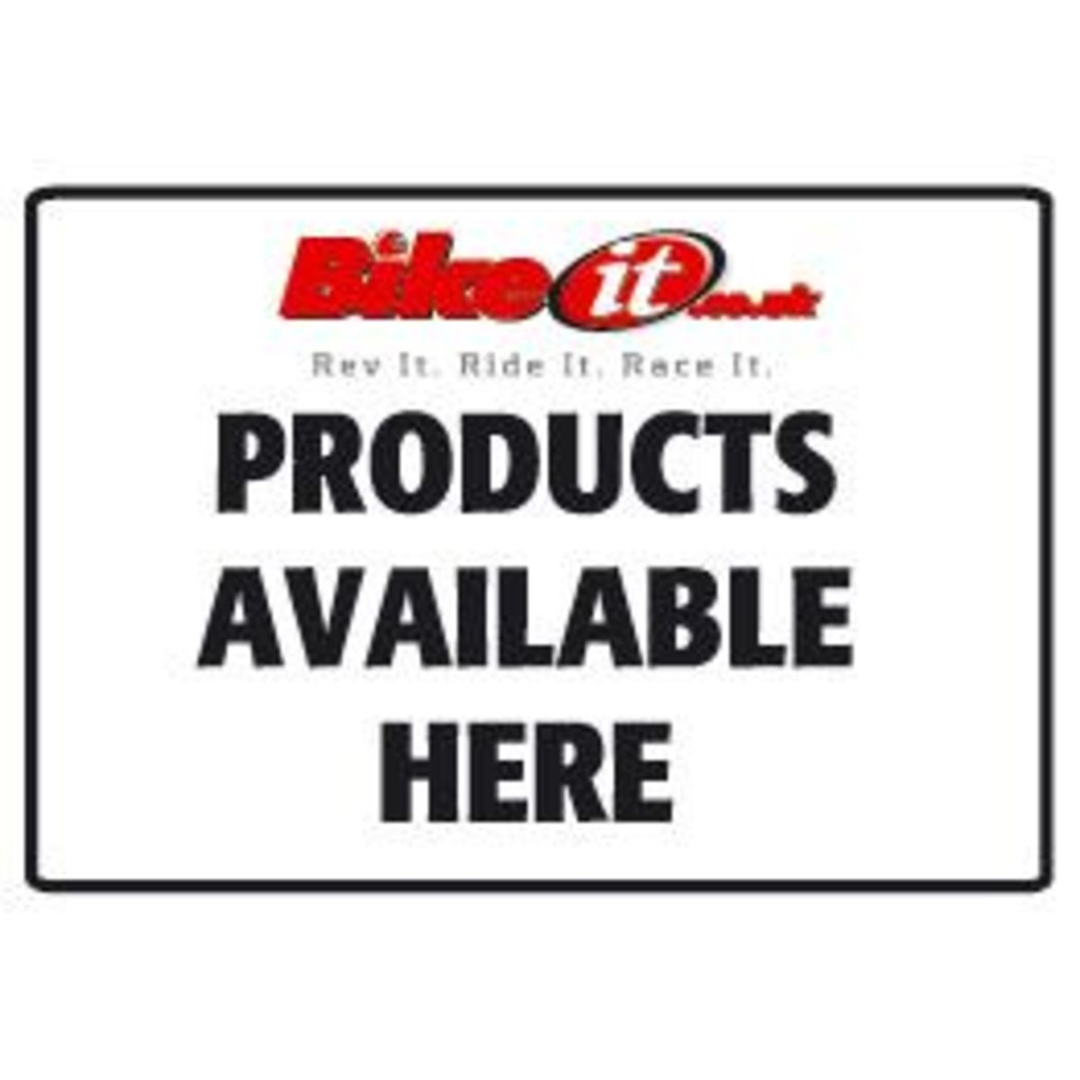 White aluminum parking sign featuring bold black text that reads "PRODUCTS AVAILABLE HERE," with the red "Bike It" logo at the top.