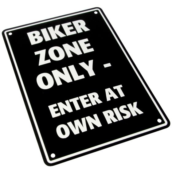 Black aluminum parking sign with bold white text that reads "BIKER ZONE ONLY - ENTER AT OWN RISK," featuring rounded corners and pre-drilled holes for easy mounting.