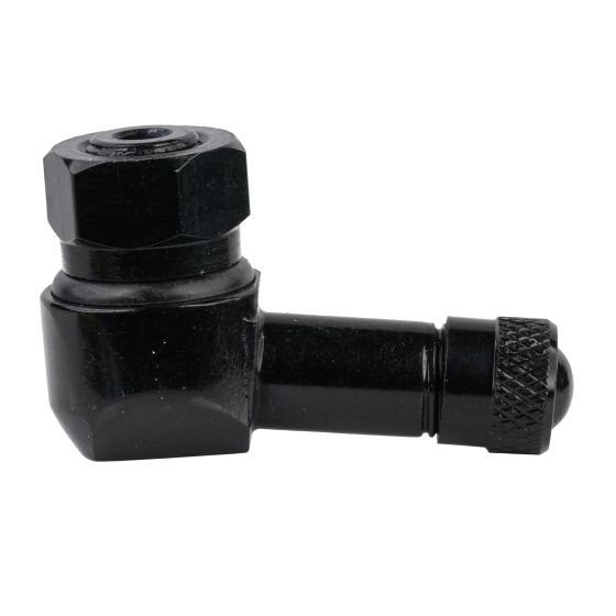 Black aluminium 90-degree tubeless valve with a hexagonal nut and a textured cap, designed for easy tire inflation and maintenance.