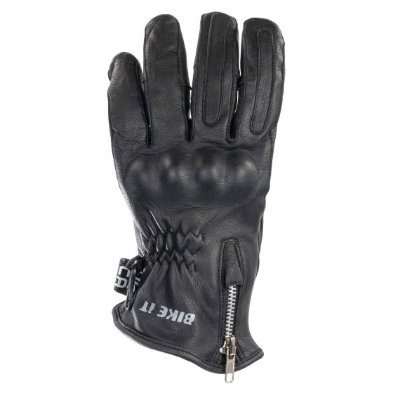 Black leather motorcycle gloves with a padded knuckle area, zipper closure, and textured grip, designed for comfort and protection while riding.