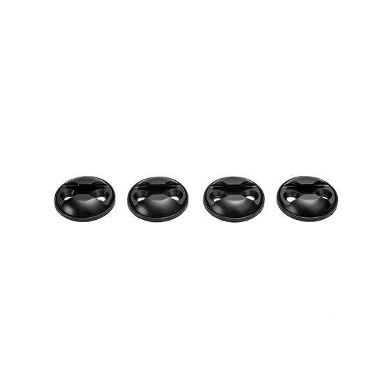 Black round anchor points with a smooth surface and four holes for mounting, designed for securing ring bolts, made from durable material.