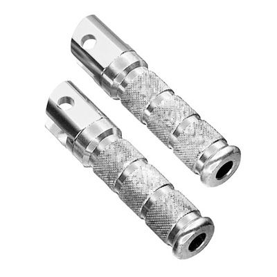 Chrome alloy round sports front footpegs with a textured grip, featuring a cylindrical shape and a hollow center, designed for Honda motorcycles.