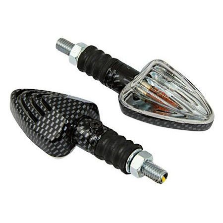 Carbon fiber effect motorcycle indicators with a sleek, angular design, featuring a chrome lens and rubberized grip, designed for easy installation on scooters and motorcycles.