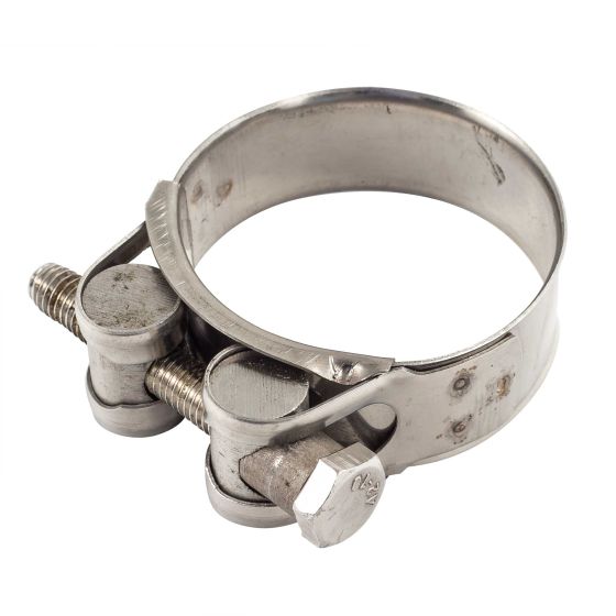 Stainless steel exhaust banjo clamp by Bike-It, featuring a shiny metallic finish, two adjustable screws, and a circular design for securing exhaust pipes.