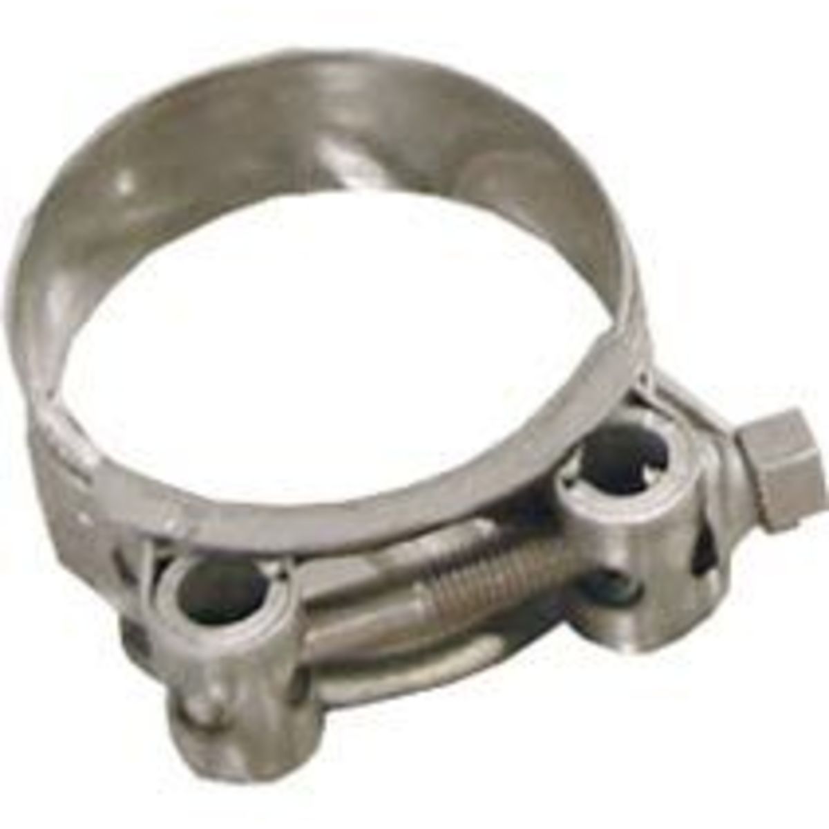 Stainless steel exhaust banjo clamp by Bike-It, designed for 63-68 mm pipes, featuring a sleek metallic finish and dual bolt fastening for secure attachment.