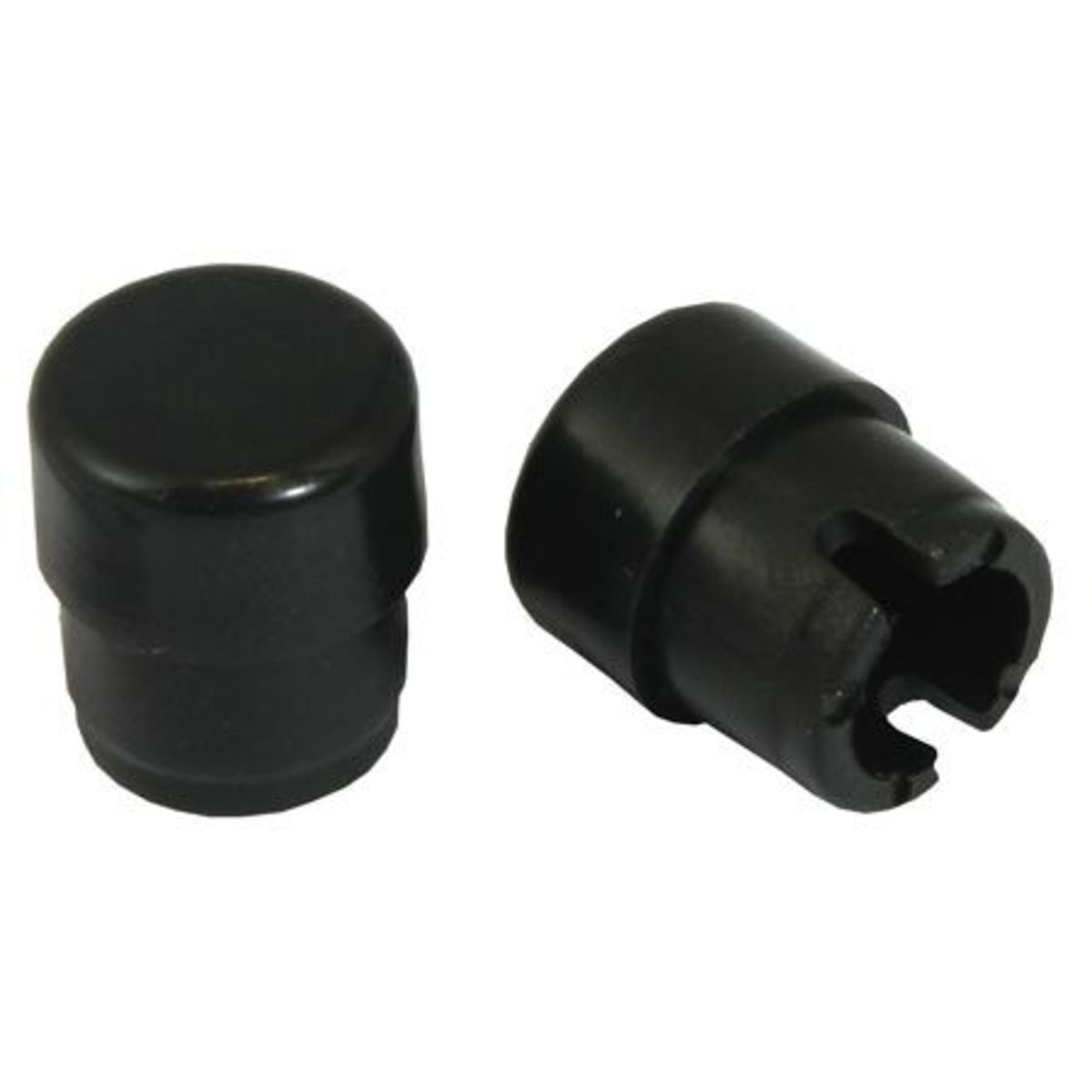 Black plastic bar end buttons with a smooth, rounded top and a hollow center, designed to fit securely on bike handlebars.