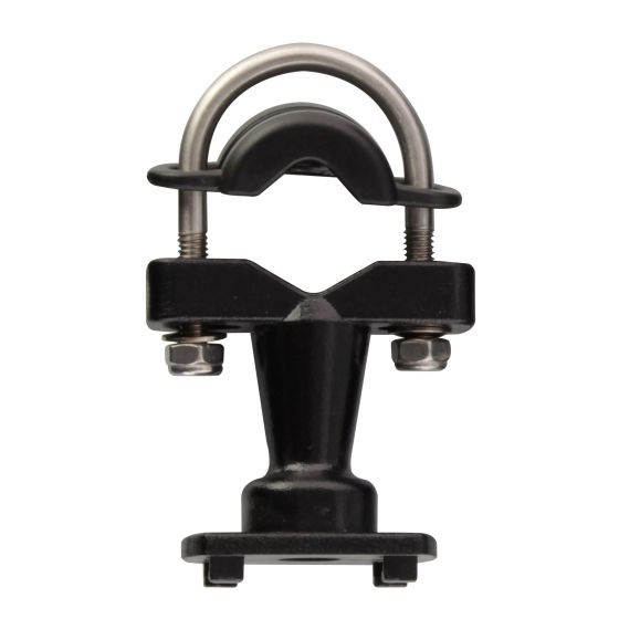 Black bar-mount smartphone holder with a sturdy metal loop and adjustable screws, designed to securely fit large smartphones measuring 168x92x25mm.
