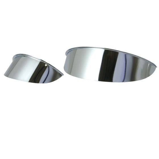 Chrome headlight visor set featuring two sizes, with a sleek, shiny finish and a curved design, ideal for enhancing the classic Bates-style motorcycle look.