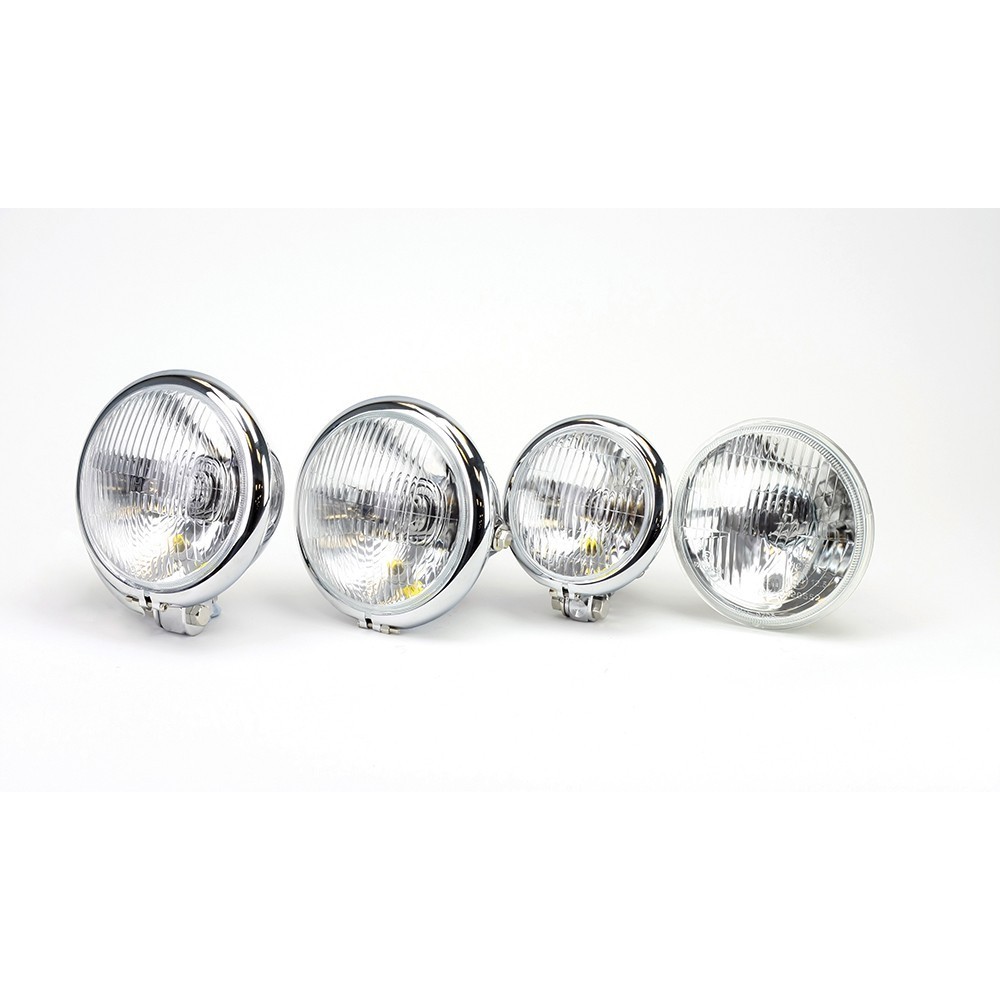 Chrome-finished, round headlight with a 4 1/2" diameter, featuring a clear glass lens and E-marked for compliance, designed for bottom mounting on bikes.